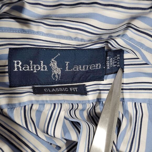 Ralph Lauren Shirt Mens 17.5 White Blue Striped Dress Classic Fit Button Down - Picture 4 of 10